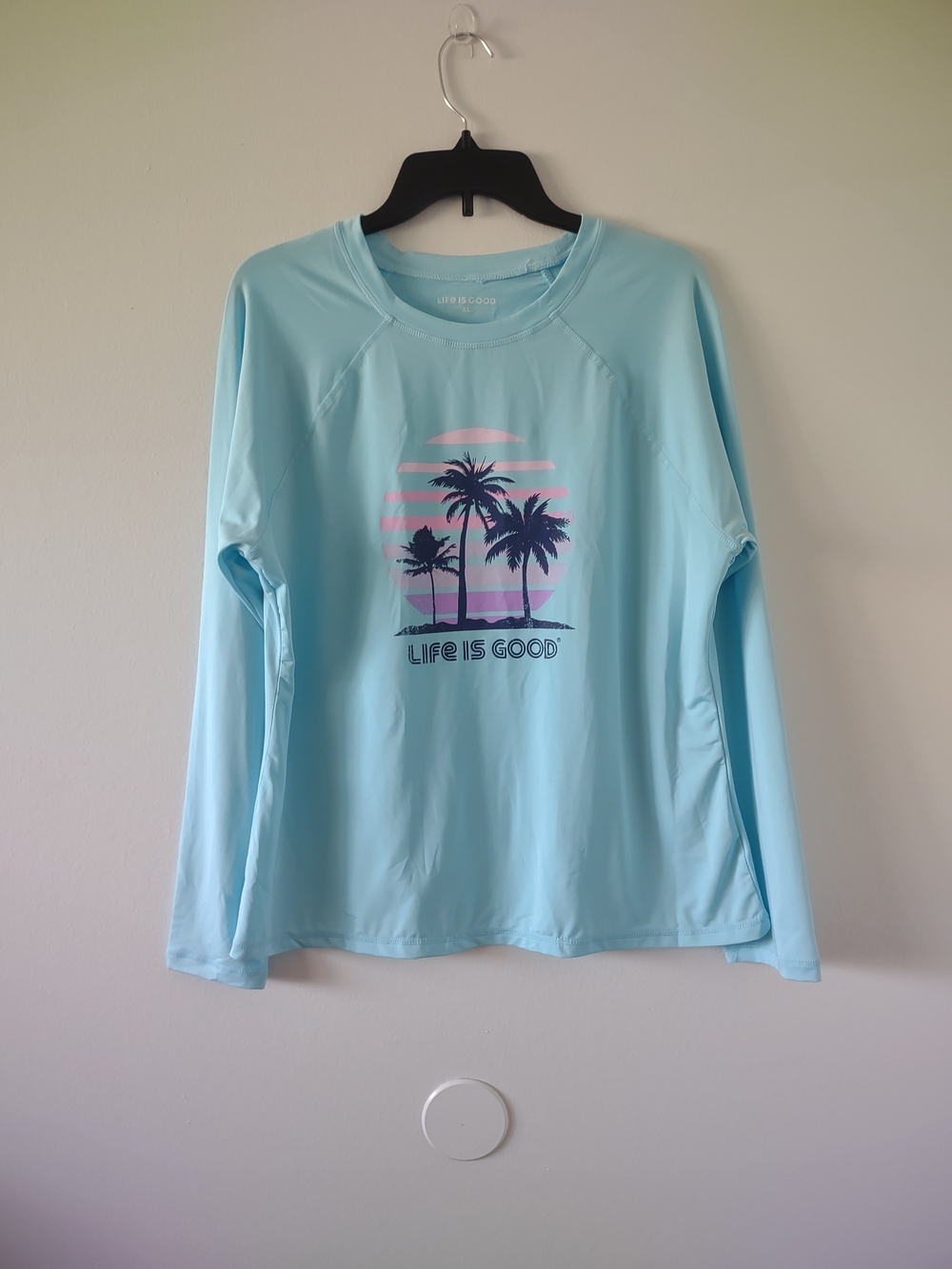 Life is Good Light Blue Sun Shirt Sz XL Long Sleeve Palm Tree Beach